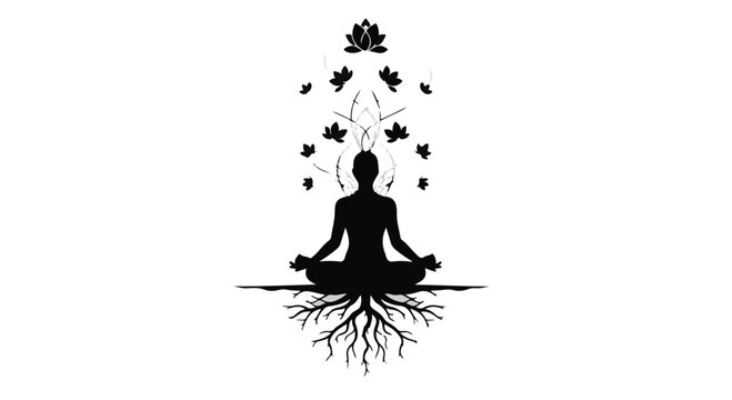 Silhouette of person meditating with roots below and lotus flowers above, symbolizing growth and enlightenment.
