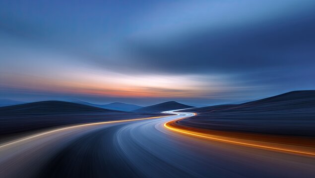 Winding road with streaks of light at dusk