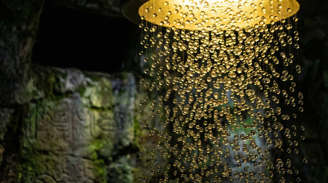 不思議な洞窟の中に出現した、円柱状の美しい光の玉のようなイラスト