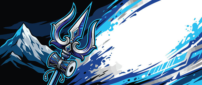 Religious Trident Symbol with White Mountains and Dynamic Blue Splashes Design