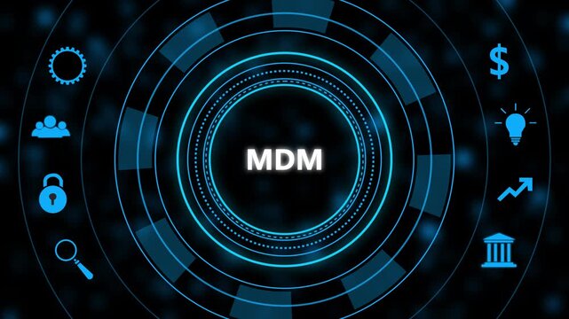 Master data management m d m concept with glowing blue digital interface circular h u d display featuring business for information technology