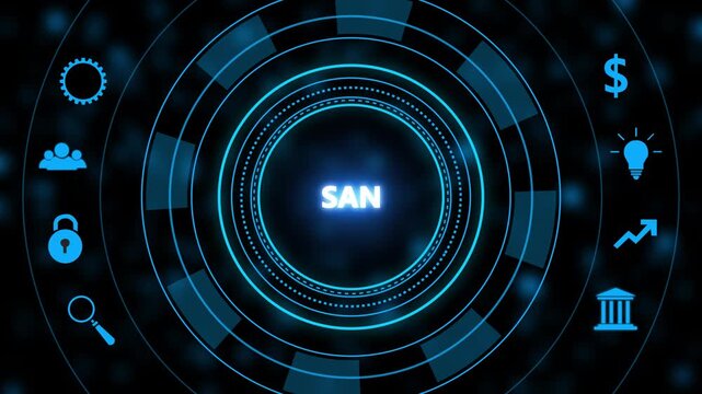 S a n storage area network concept digital interface with glowing blue circular h u d and business for enterprise data management cloud