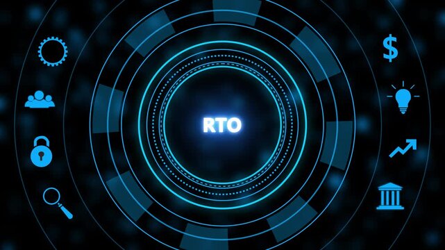 R t o return to office business concept displayed on a futuristic digital interface with glowing blue circular h u d and corporate representing