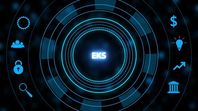 E k s elastic kubernetes service cloud computing technology interface with glowing blue digital circular h u d and business for enterprise