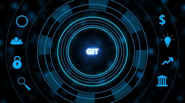 G i t software development version control system concept with glowing blue digital interface h u d featuring circular data rings and business