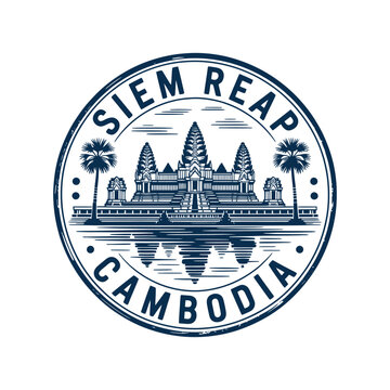Vintage style emblem featuring angkor wat and siem reap cambodia