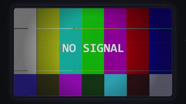 Television test pattern screen with no signal text and colorful bars, glitch effect, broadcasting error, static interference