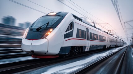 Fototapeta premium Modern High-Speed Train Racing Through Landscape in Motion Blur