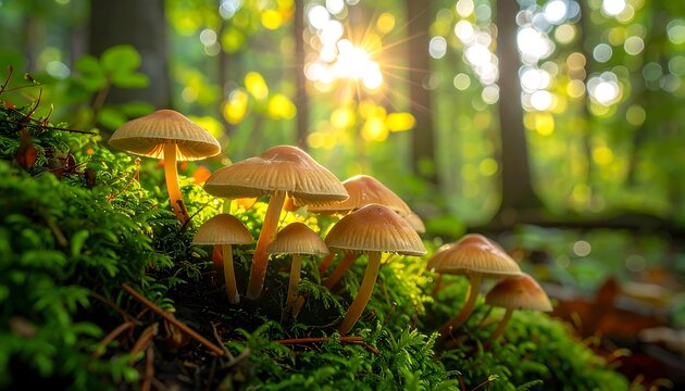 Mushrooms grow on mossy log bathed in golden sunlight, blurring green forest background