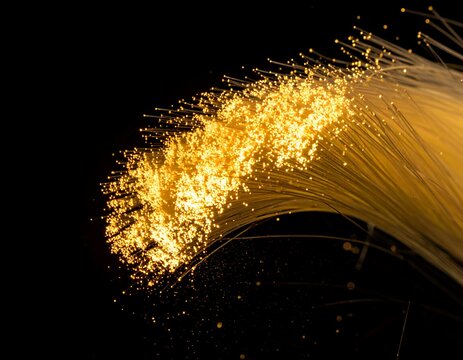 Striking modern technological abstract macro photography highlighting a bundle of glowing radiant warm golden fiber optic communication cables.