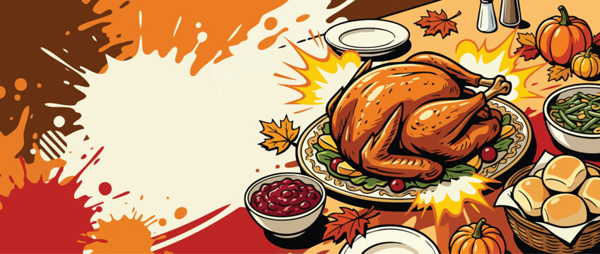 Thanksgiving Feast Table with Roast Turkey and Comic Burst Accents Background