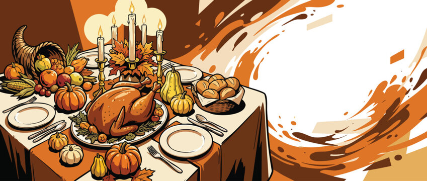 Thanksgiving Feast Dining Table Corner with a Turkey Cornucopia and Candles