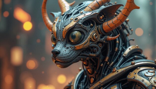 A detailed portrait of a robotic cat with intricate mechanical details.