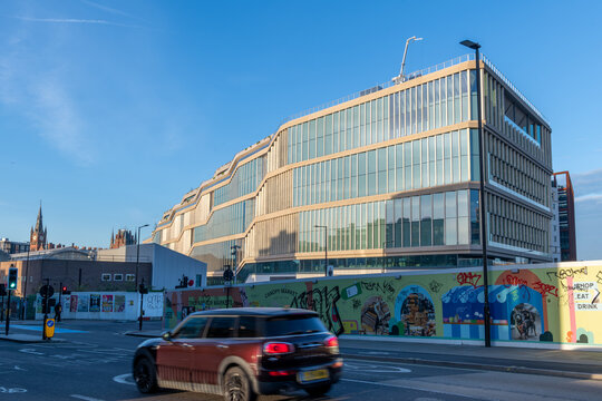 London. UK- March 29. 2026. A street view of the Google headquarter building in King's Cross with the morning sun lighting up the facade.