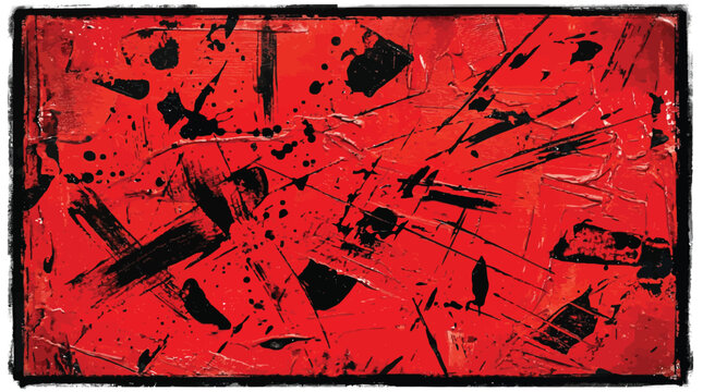 Abstract vector graphic illustration with bold red background and dynamic black splatters and scratches creating a textured energetic design