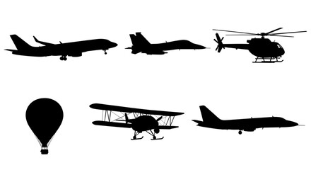 Collection of Silhouettes of Various Aircraft and a Hot Air Balloon Against a White Background. © cemoro