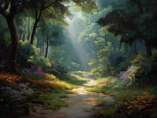 Fototapeta premium Lush green forest with winding path and sunbeams shining
