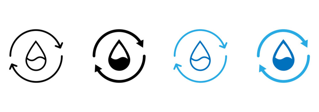 Water cycle icon set with droplets inside circular arrows. Recycling and reuse symbols. Hydration, fluid flow, and eco-friendly signs. illustration.