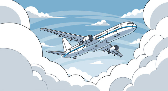 A commercial airplane with blue stripes on its fuselage soars through a cloudy sky.