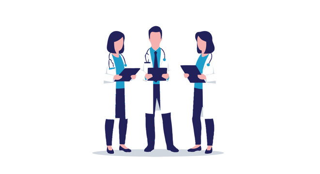 Three medical professionals in white coats holding clipboards, ready to work.