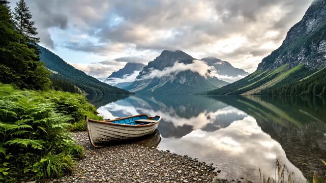 Small white wooden rowboat rests on the pebble shoreline of a calm alpine lake with massive mountains and clouds reflecting in the water, framed by green ferns and lush foliage.