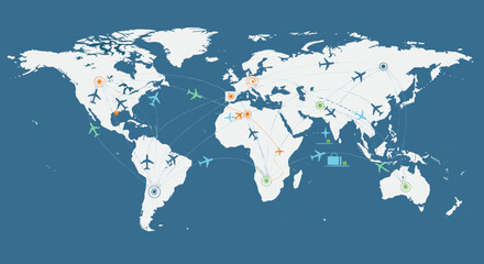 Global flight routes and air travel network depicted on a world map with airplane icons connecting major cities and regions. © cemoro