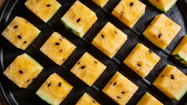 Yellow watermelon cubes diagonal diamond pattern geometric fruit black surface variation  3