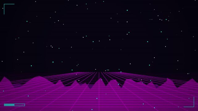 Retro 8 bit pixel art intro screen, press start text over a neon grid landscape and starry night sky, synthwave aesthetic