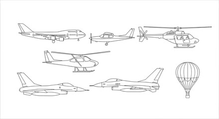 A collection of detailed line drawings showcasing various aircraft, including airplanes, helicopters, fighter jets, and a hot air balloon. © cemoro