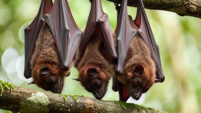 Three Fruit Bats Hanging Upside Down on a Tree Branch in a Forest.