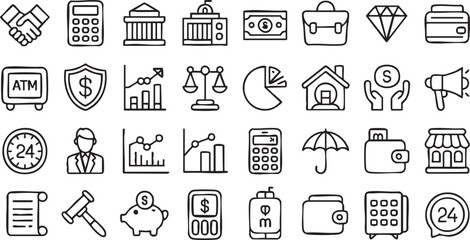 Fototapeta premium Outline financial icons collection with banking payment and analytics elements
