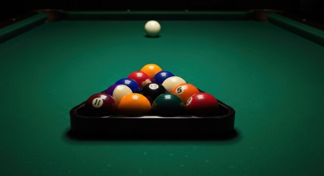 A green pool table with a triangle of numbered pool balls, one white cue ball