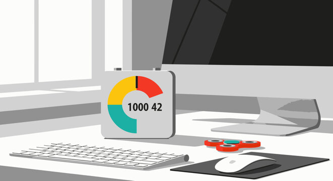 Modern office desk setup featuring a computer, keyboard, mouse, and a data display showing a pie chart, symbolizing business analytics and progress.