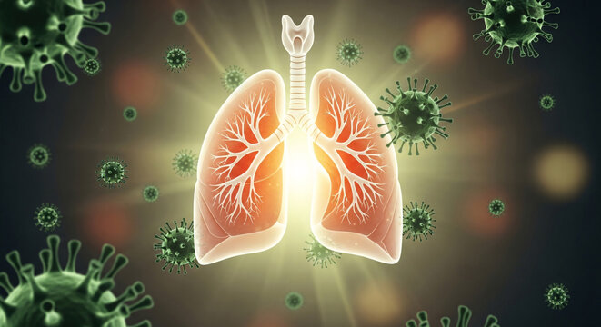 Human lungs illuminated inside, surrounded by viral particles indicating respiratory infection and disease
