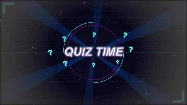 quiz time text with question marks and neon effects on a dark background, game show intro or trivia challenge concept