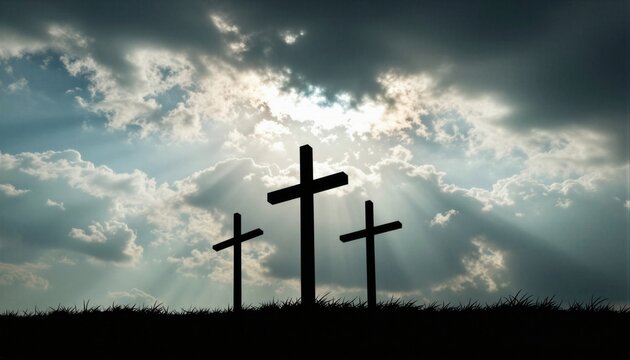 Three crosses silhouetted against a dramatic sky with rays of light breaking through the clouds.