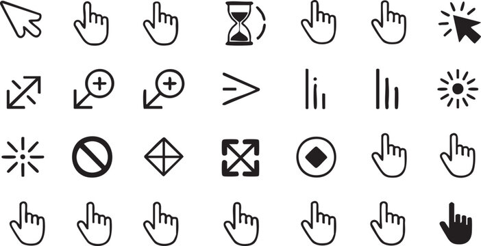 Cursor pointer icon set with click hand and navigation symbols outline style