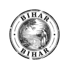 Obraz premium Vintage style circular stamp featuring bihar landscape and text