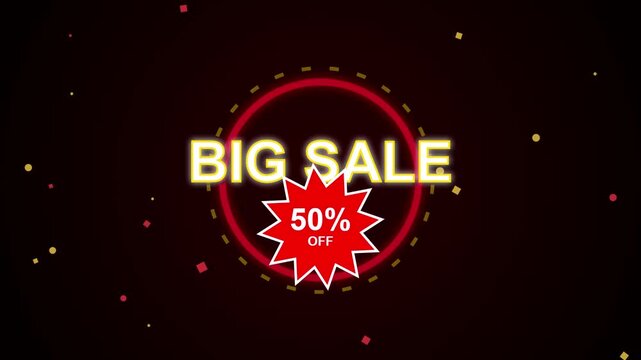 Big sale announcement with 50 percent off discount, surrounded by neon circle and falling confetti, perfect for promotional videos and advertising