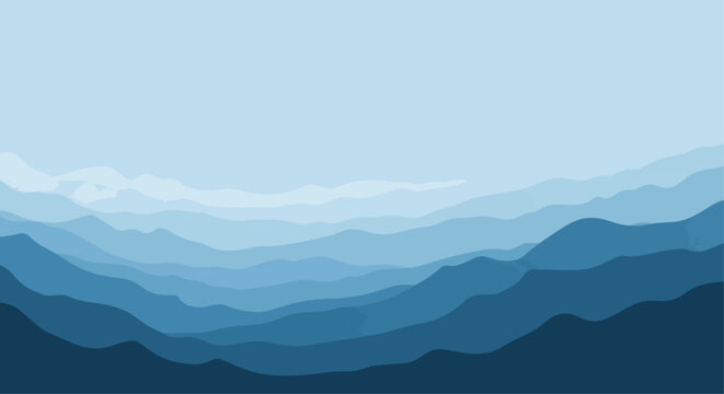 Abstract layered mountain range illustration with gradient shades of blue