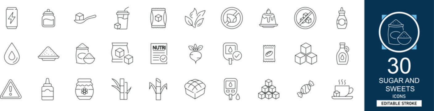 Sugar and sweets line icon set with 30 icons: sugar, candy, sweets, dessert, chocolate, bakery, cupcake, lollipop. Clean linear vector, editable stroke for food and pastry projects.
