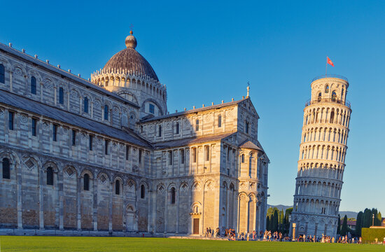 The Famous Leaning Tower of Pisa and Pisa Cathedral (Duomo) at Sunset, Piazza dei Miracoli, Italy