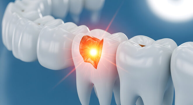 Human molar tooth with significant decay and radiating pain indicating a painful cavity