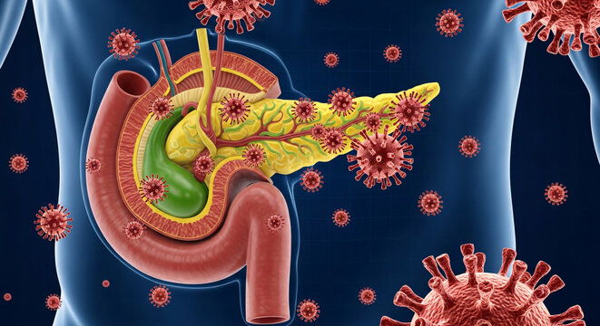 Human pancreas and duodenum surrounded by virus particles for visualizing infection or disease progression
