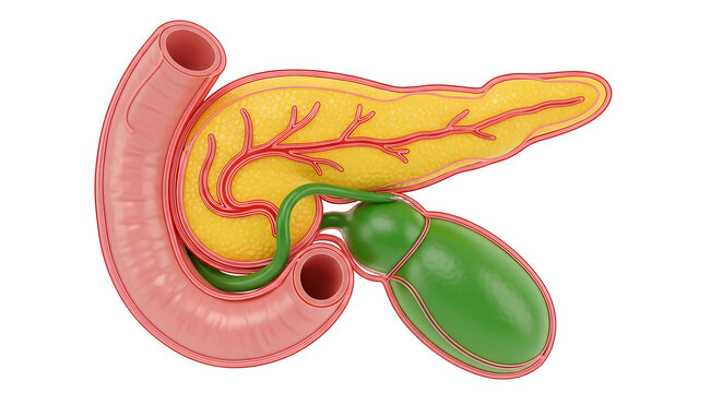 Human pancreas with attached duodenum and gallbladder showing intricate anatomical structures in detail