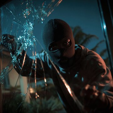 A masked figure breaks into a house at night.