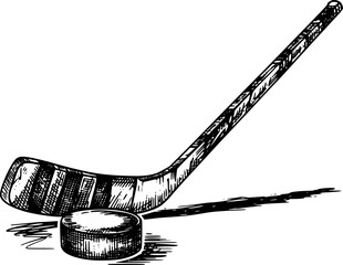 Hand Drawn of Hockey Stick and Puck White Background sport © Labid