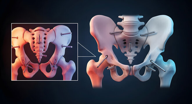 Human pelvic bone with surgical screws for fracture repair and a magnified inset view of the fixation
