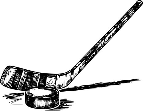 Hand Drawn of Hockey Stick and Puck White Background sport