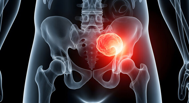 Human pelvic region shown in a skeletal X ray scan with a glowing tumor present